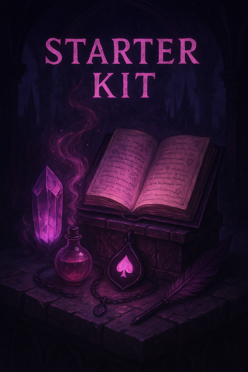 Illustration fantasy gothique du Starter Kit Sissyland comprenant lingerie, bijou et grimoire